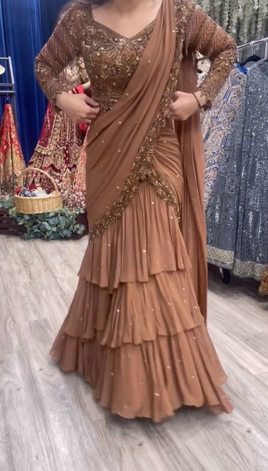 Wedding Wear Beige Color Faux Georgette Saree For Girls