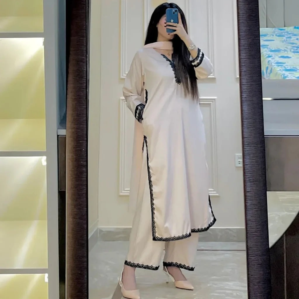 Elegant Cream Kurta Set for Women with Black Lace Border