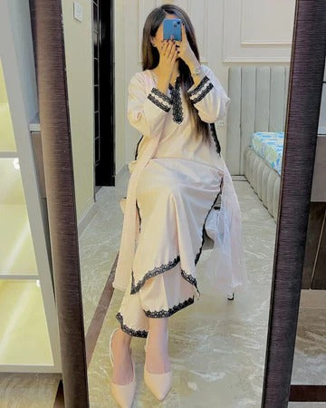 Elegant Cream Kurta Set for Women with Black Lace Border