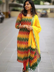 Multicolor Ikat Printed Kurta Set with Yellow Dupatta