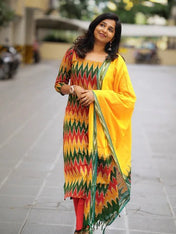 Multicolor Ikat Printed Kurta Set with Yellow Dupatta