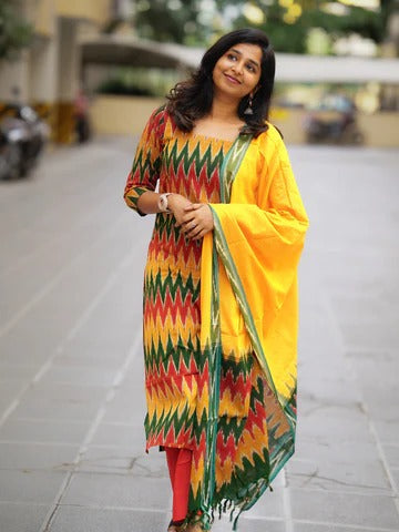 Multicolor Ikat Printed Kurta Set with Yellow Dupatta