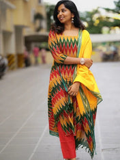 Multicolor Ikat Printed Kurta Set with Yellow Dupatta