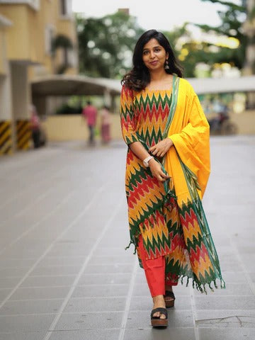 Multicolor Ikat Printed Kurta Set with Yellow Dupatta