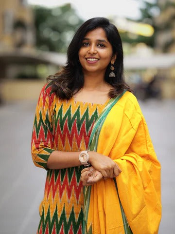 Multicolor Ikat Printed Kurta Set with Yellow Dupatta