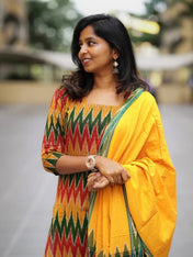 Multicolor Ikat Printed Kurta Set with Yellow Dupatta