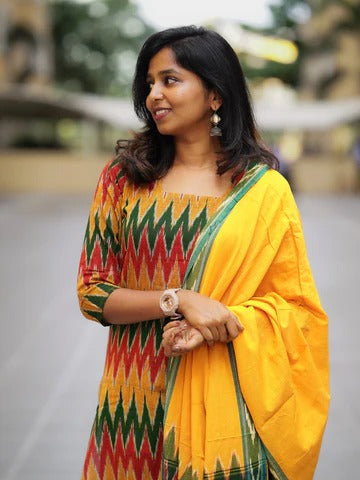 Multicolor Ikat Printed Kurta Set with Yellow Dupatta