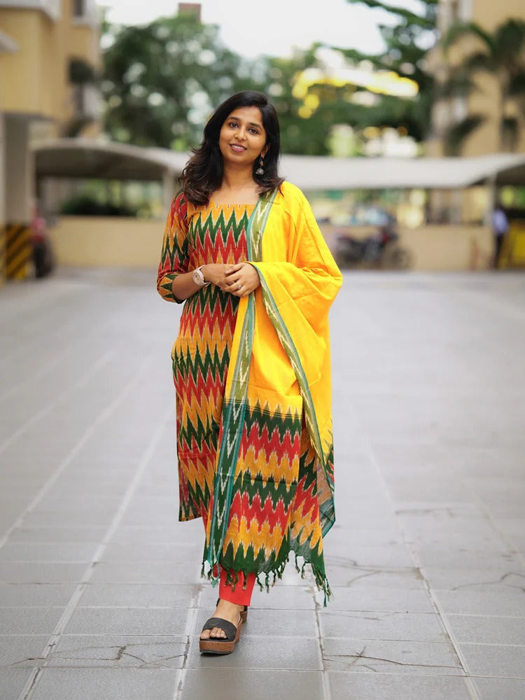 Multicolor Ikat Printed Kurta Set with Yellow Dupatta