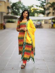 Multicolor Ikat Printed Kurta Set with Yellow Dupatta