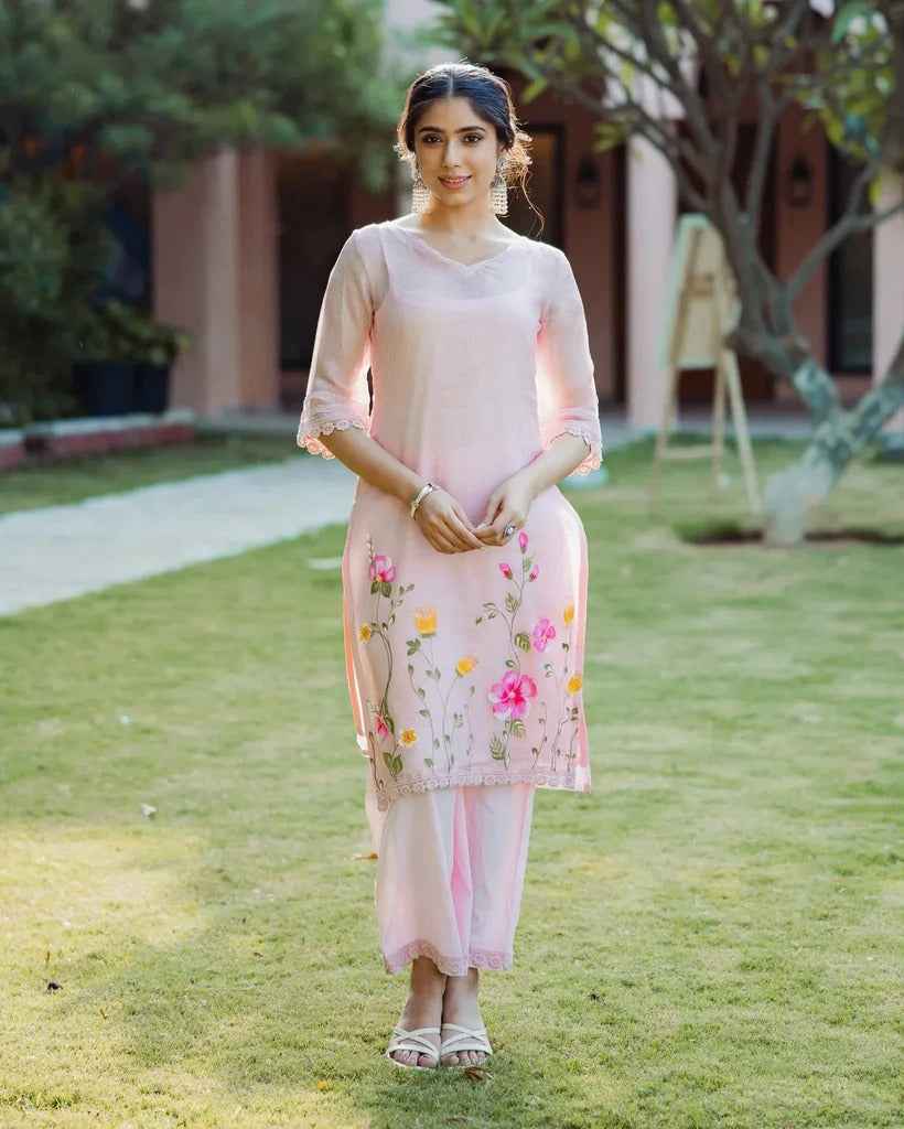 Shitij Pink Handpainted Doria Kurta Set