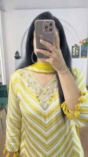 Yellow Printed Pure Cotton Embroided Anarkali Suit