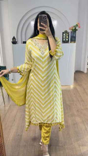 Yellow Printed Pure Cotton Embroided Anarkali Suit