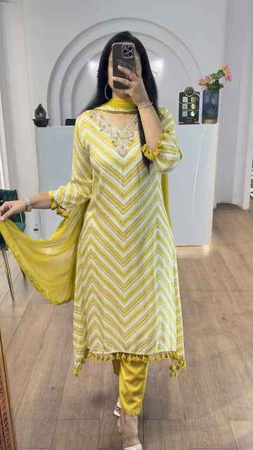 Yellow Printed Pure Cotton Embroided Anarkali Suit