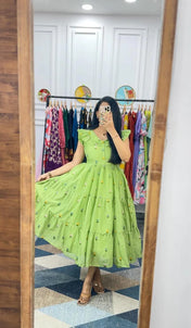 Lime Green Embroidered Tier Dress for Women