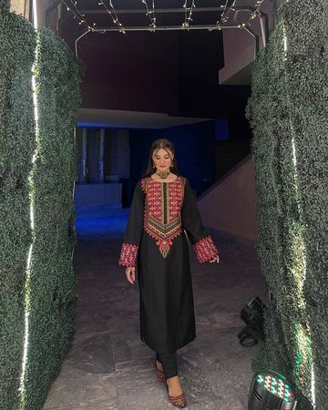Black Cambric Embroidered Suit Set for Women
