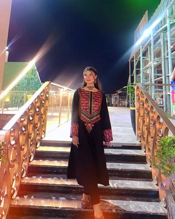 Black Cambric Embroidered Suit Set for Women