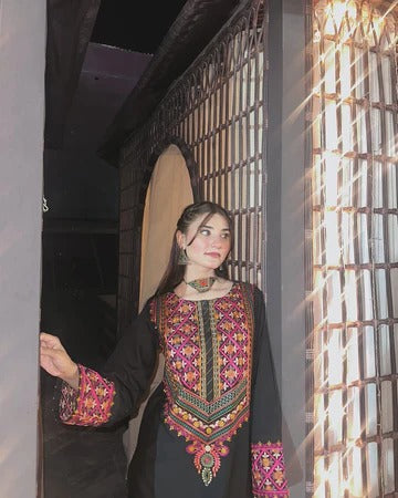 Black Cambric Embroidered Suit Set for Women