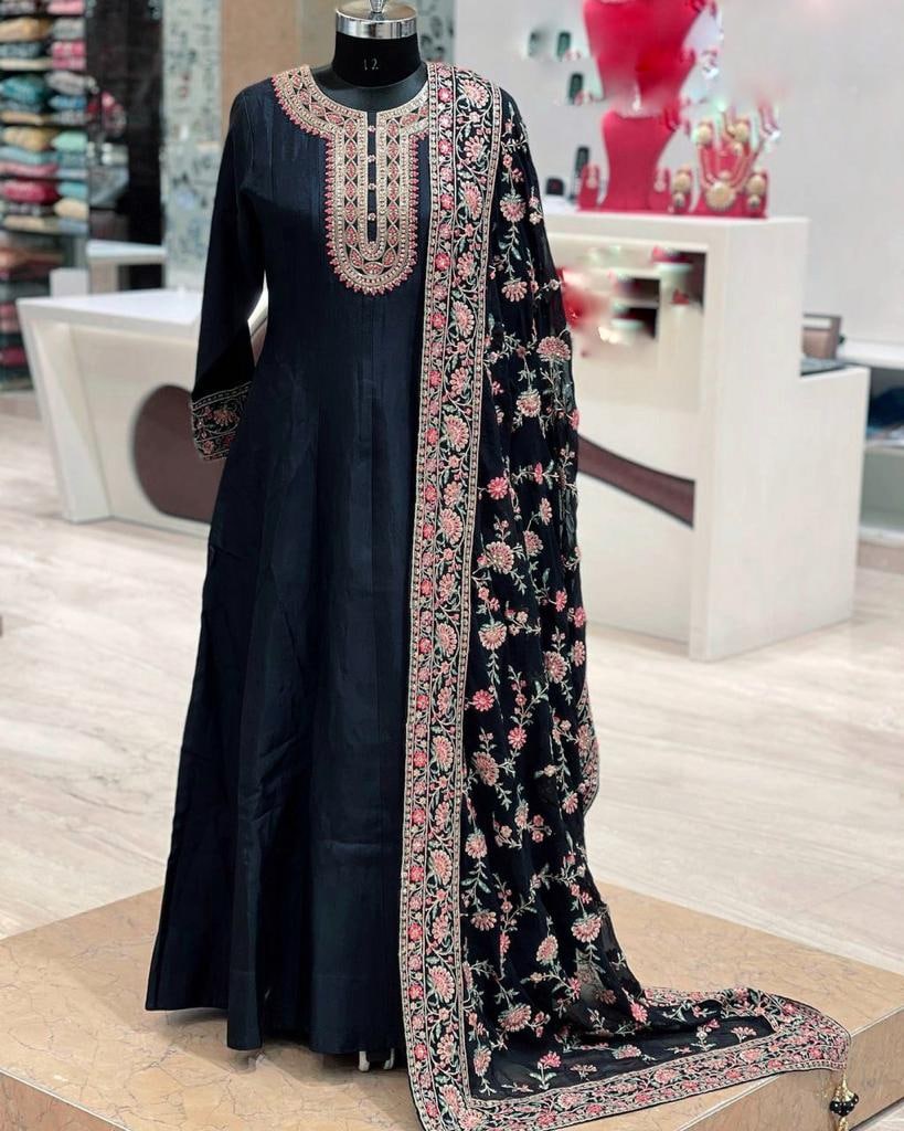 Black Embroidery Work Anarkali Silk Gown Collection