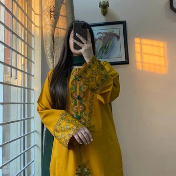Canary Mustard Embroidered Straight Kurti Set with Pant & Dupatta