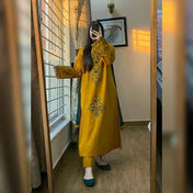 Canary Mustard Embroidered Straight Kurti Set with Pant & Dupatta