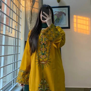 Canary Mustard Embroidered Straight Kurti Set with Pant & Dupatta