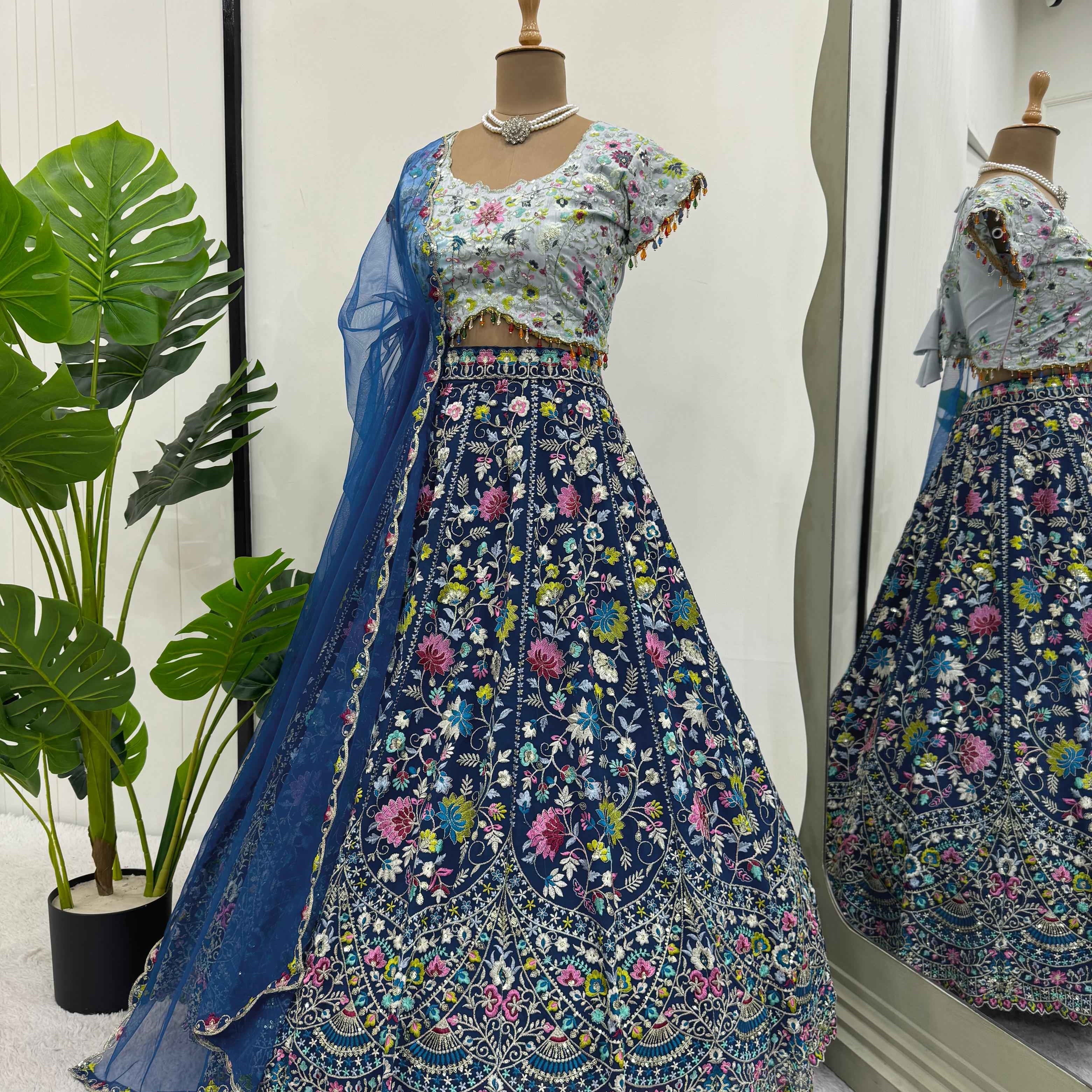 Casual Wear Blue Color Foux Gorgette Lehenga For Women
