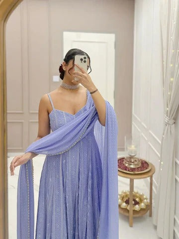 Lavender Chikankari Handwork Anarkali Gown with Dupatta
