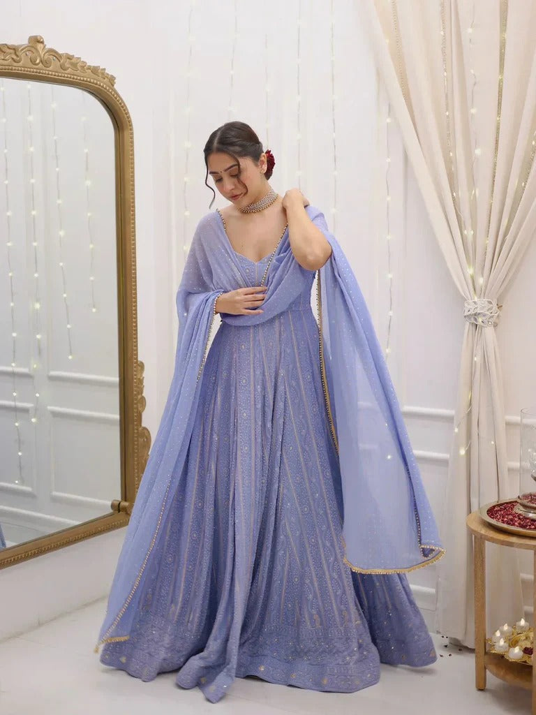 Lavender Chikankari Handwork Anarkali Gown with Dupatta