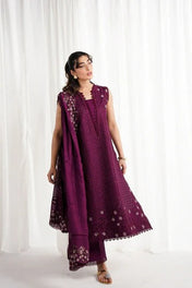 Deep Plum Embroidered A-Line Kurta Set for Women