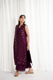 Deep Plum Embroidered A-Line Kurta Set for Women