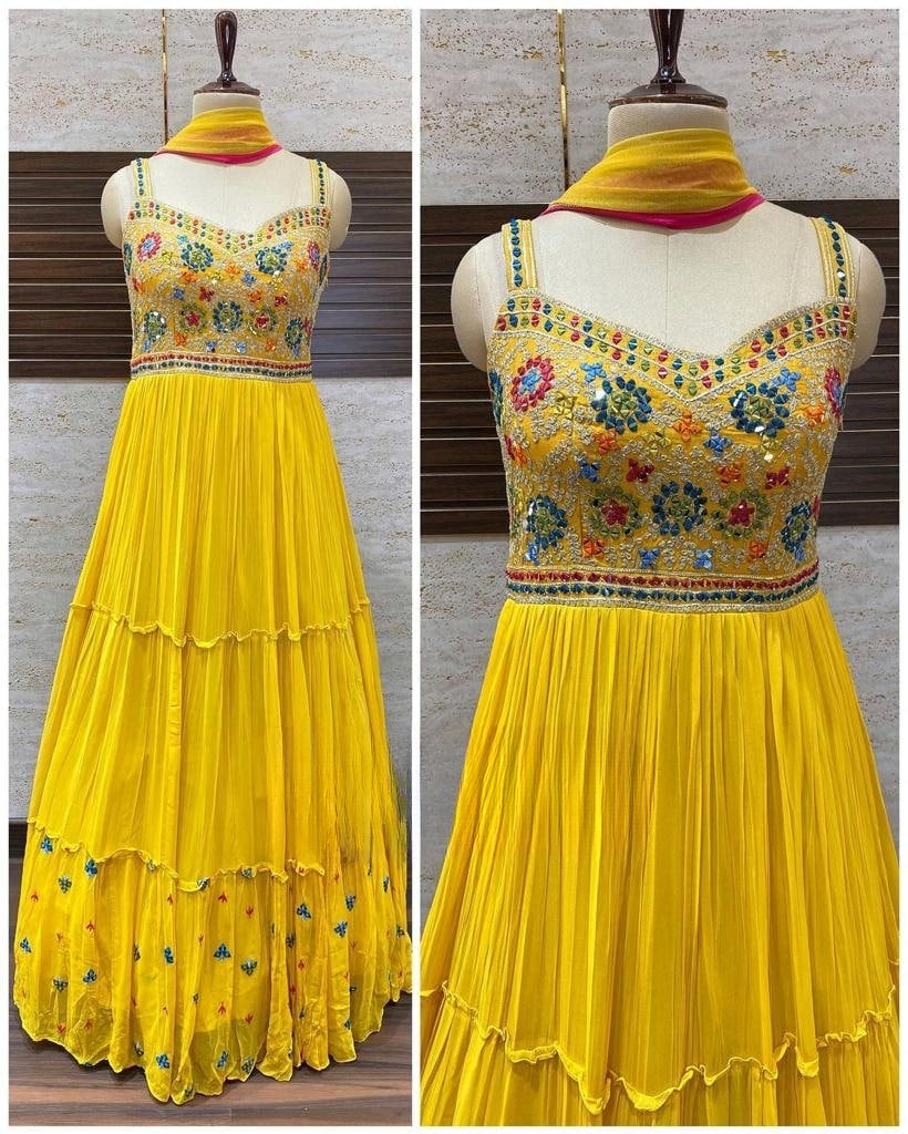 Faux Georgette Embroidery Ruffel Layer Work Long Gown