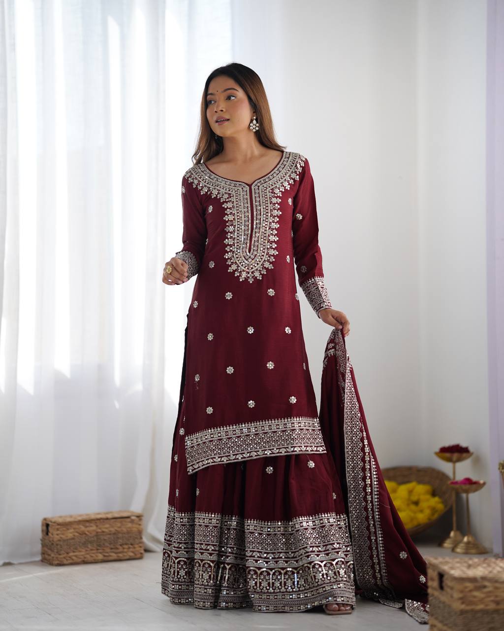 Designer Maroon, White color Chinnon Silk With Embroidery For Girls