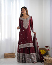 Designer Maroon, White color Chinnon Silk With Embroidery For Girls