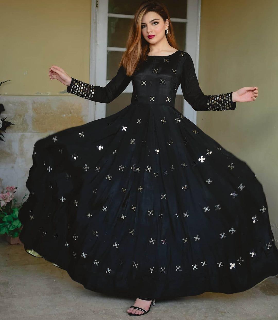 Designer Soft Silk Black Color Flared Heavy Work Gown