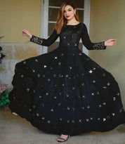 Designer Soft Silk Black Color Flared Heavy Work Gown