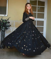Designer Soft Silk Black Color Flared Heavy Work Gown