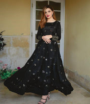 Designer Soft Silk Black Color Flared Heavy Work Gown