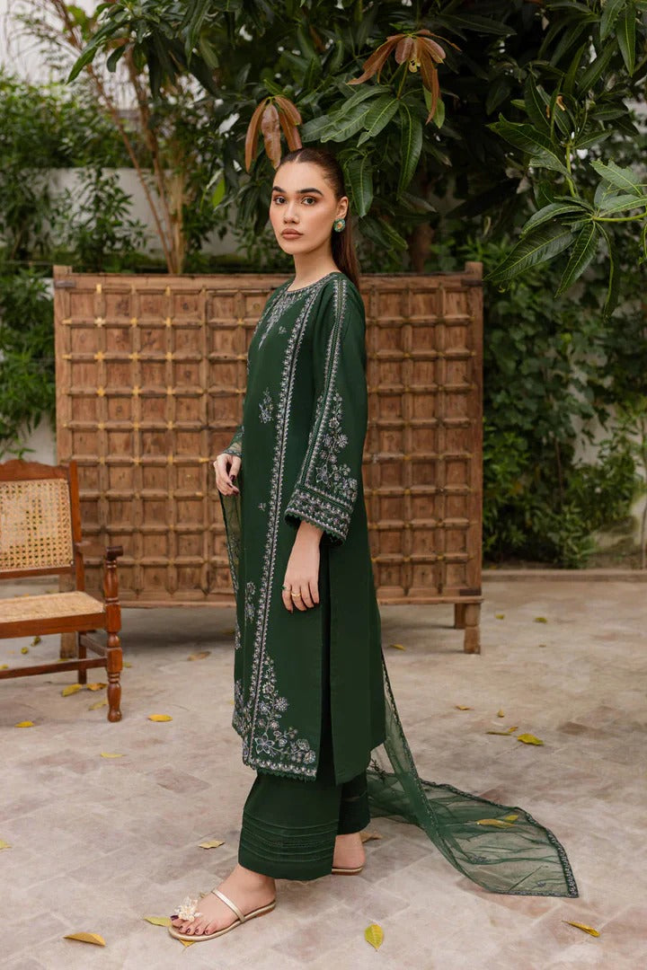 Deep Green Embroidered Straight Suit Set for Women