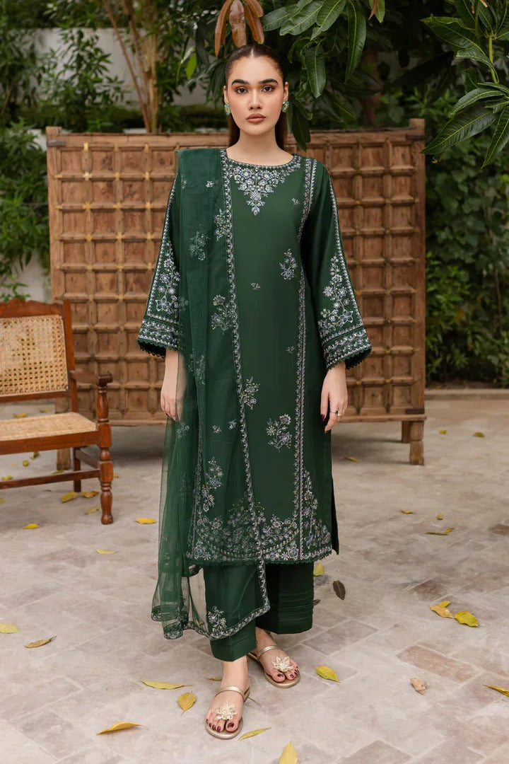 Deep Green Embroidered Straight Suit Set for Women