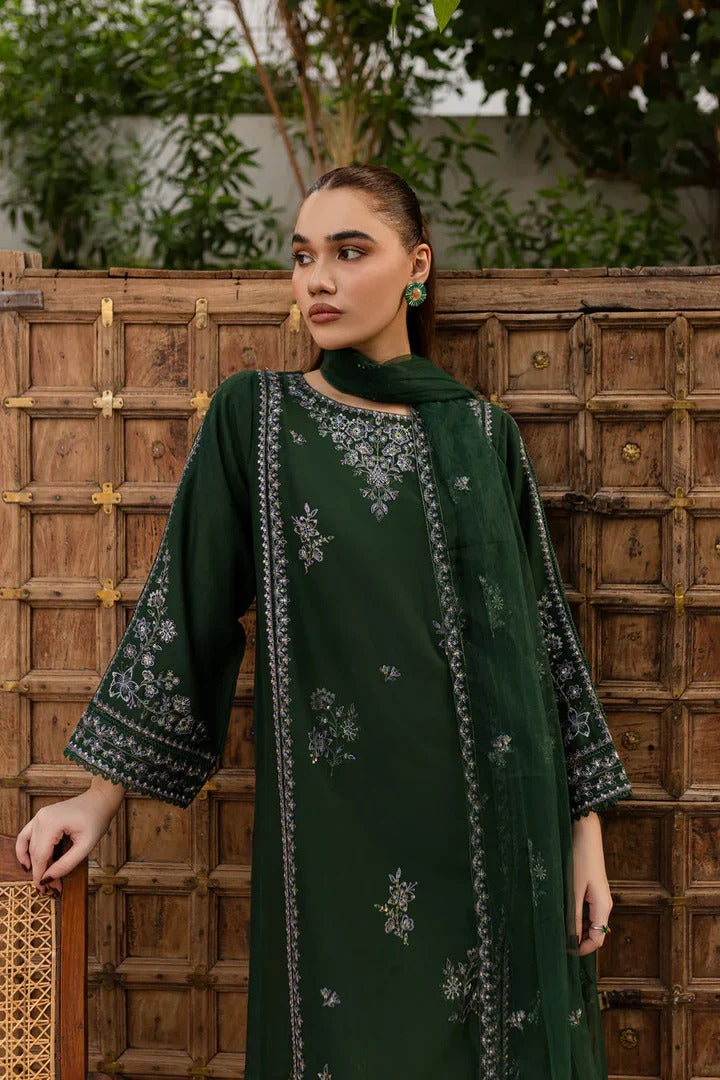 Deep Green Embroidered Straight Suit Set for Women