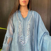 Powder Blue Mirror Embroidered A-Line Suit Set with Lace Detailing & Dupatta