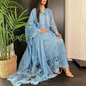 Powder Blue Mirror Embroidered A-Line Suit Set with Lace Detailing & Dupatta