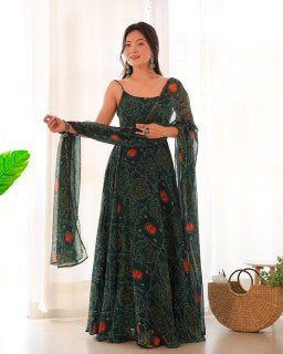 Festival Wear Dark Green Color Pure Soft Chiffon Silk Gown For Girls