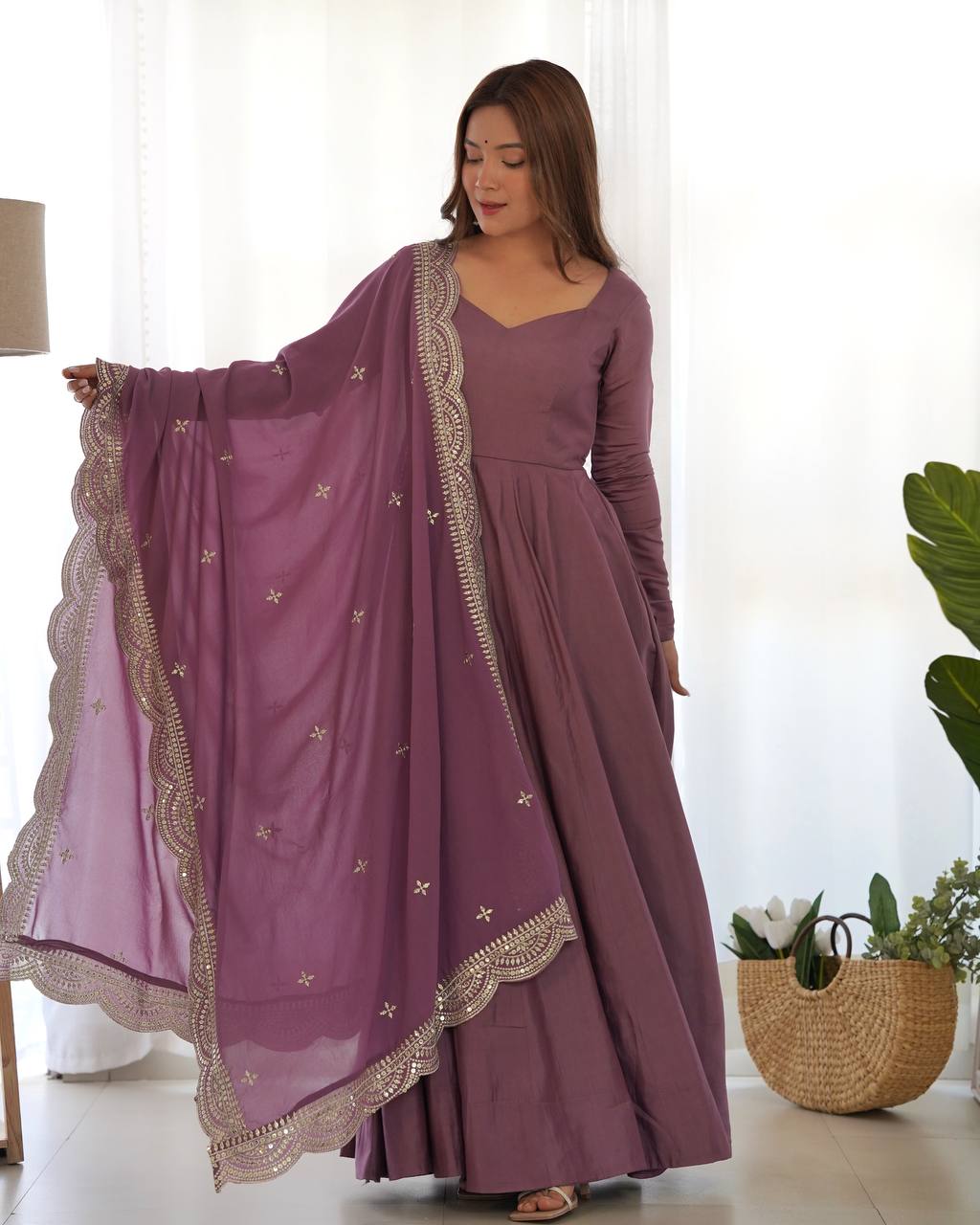 Festival Wear Light Purple Color Pure Roman Silk Chanderi Gown For Girls