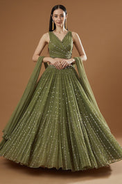 Festival Wear Mehndi Color Georgette Lehenga For Girls