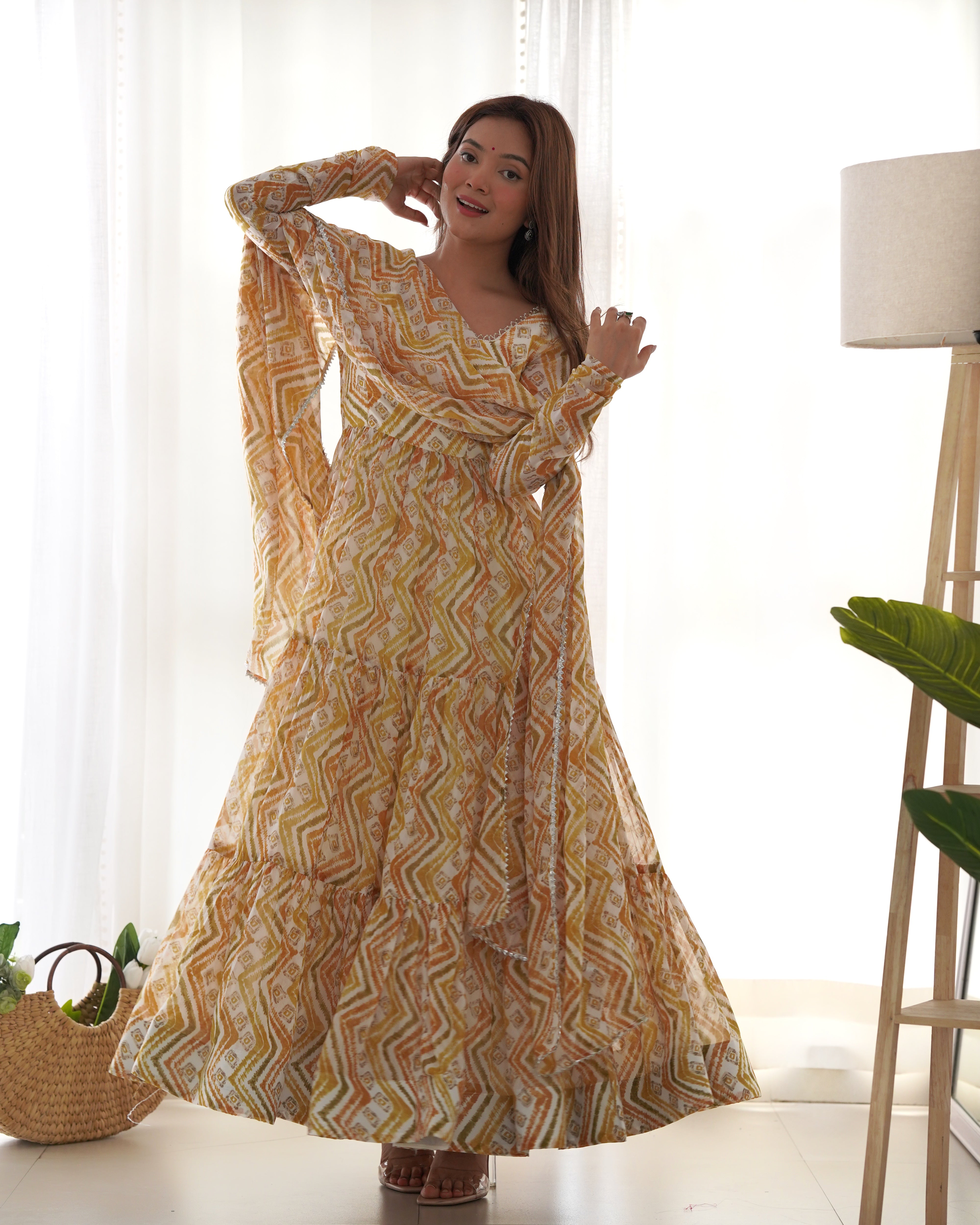 Festival Wear Multi Color Heavy Fox Georgette Gown For Girls