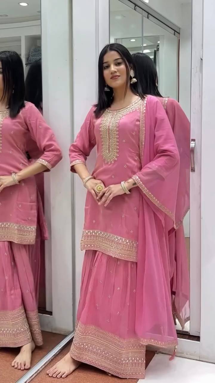 Festival Wear Pink Color Heavy Pure Chinnon Silk Sharara For Girls