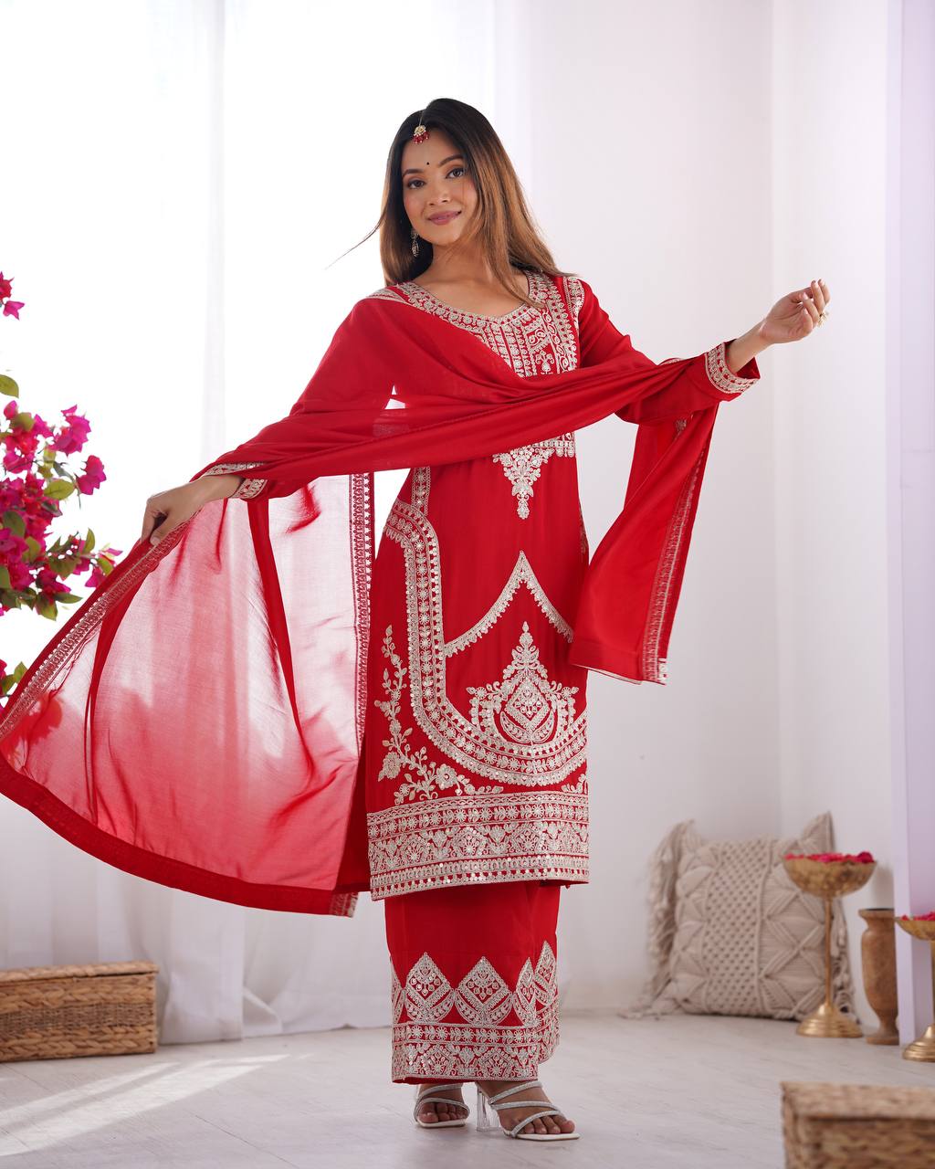 Festival Wear Red Color Pure Vichitra Silk Kurti For Girls
