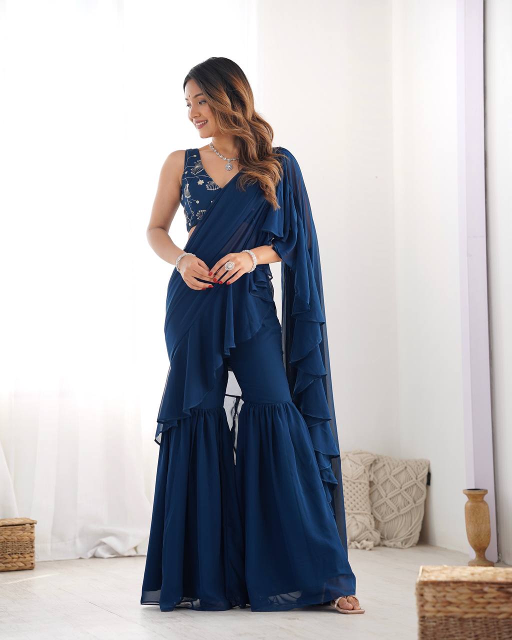 Festival Wear Tealblue Color Fox Georgette Saree For Girls