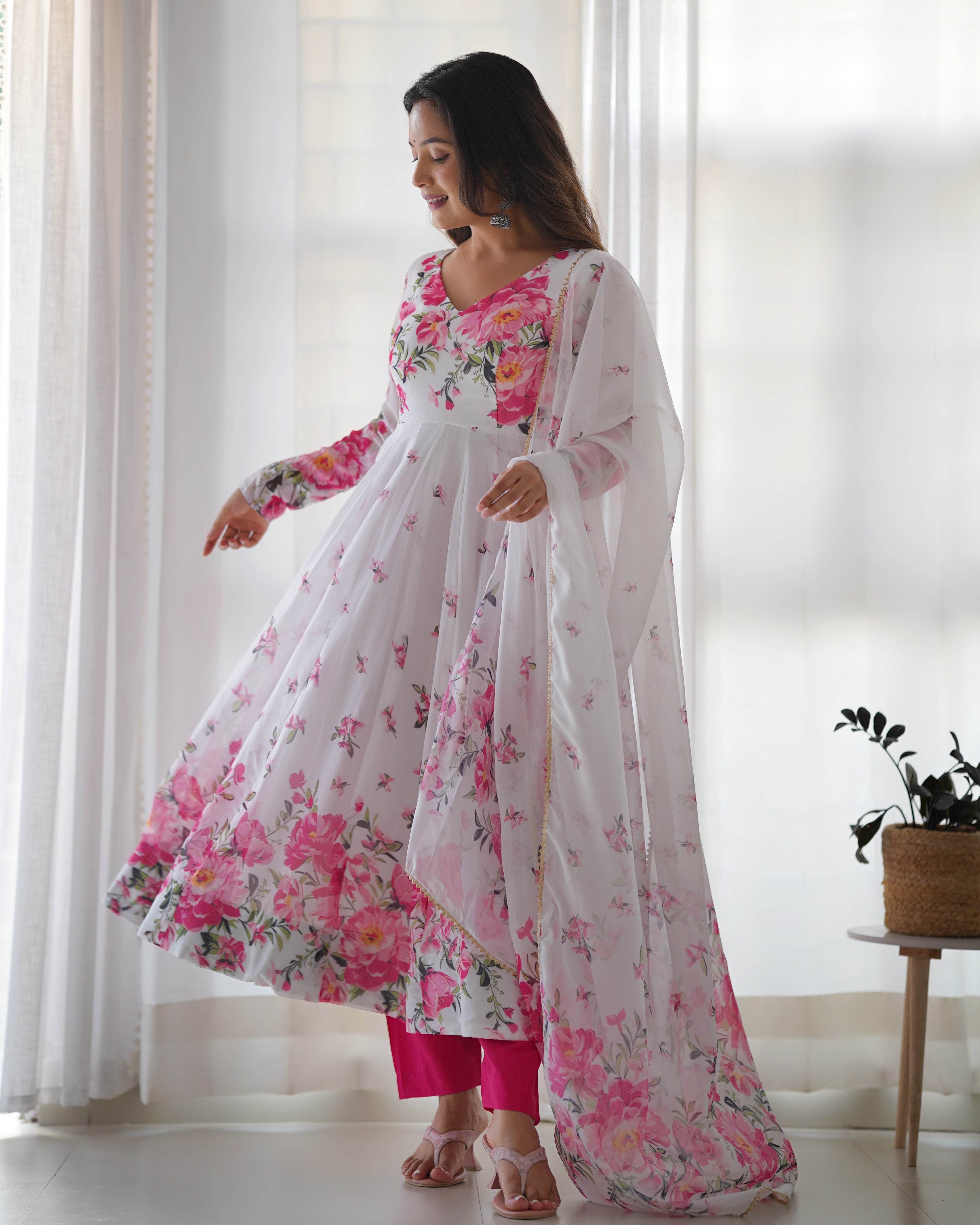 Festival Wear White Color Heavy Soft Organza Silk Gown For Girls